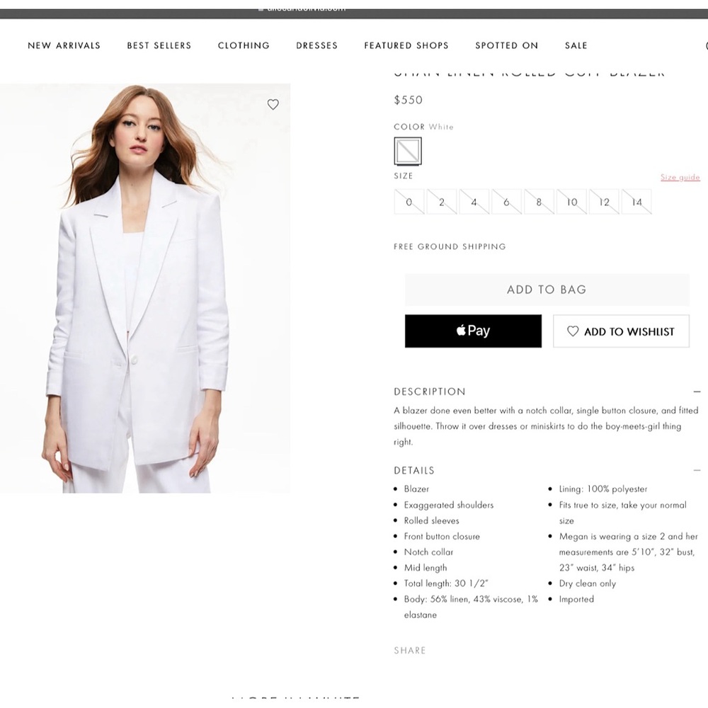 Alice + Olivia Shan White Linen Rolled Cuff Blazer Jacket - Picture 3 of 14